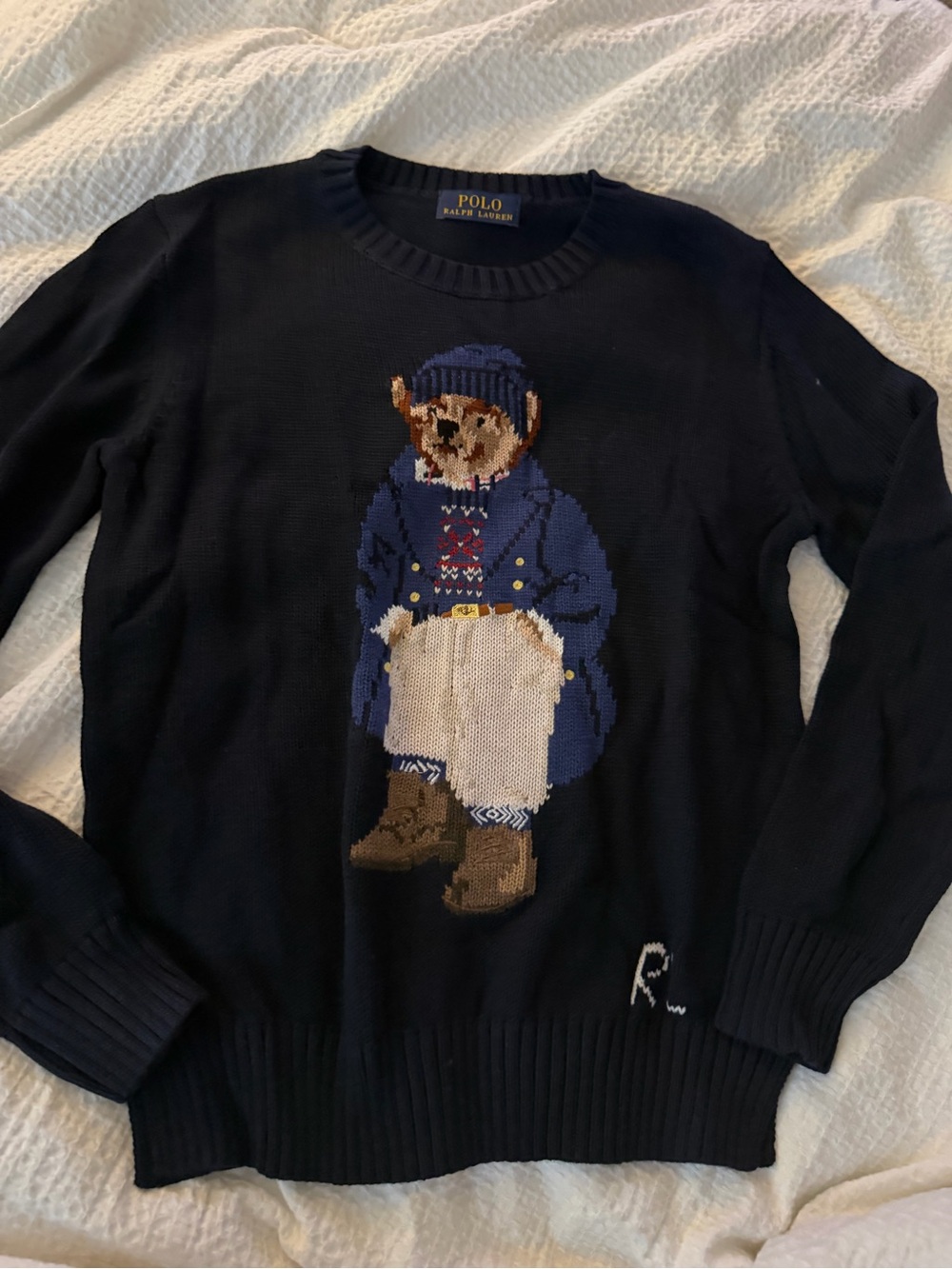 Polo by Ralph Lauren Navy Knit Bear Crewneck Sweater with Multicolor Motif